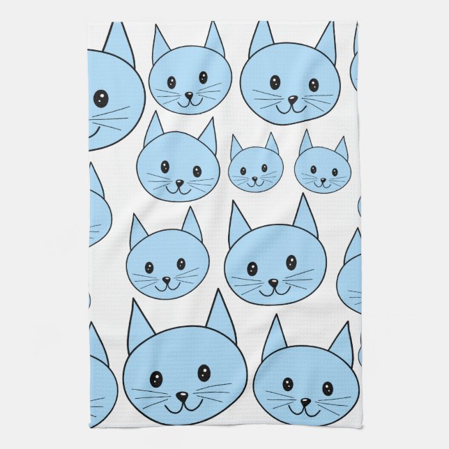 Pale Blue Cats. Pattern. Tea Towel (Vertical)