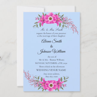 Pale Blue Colour with Elegant Pink flower Invitation