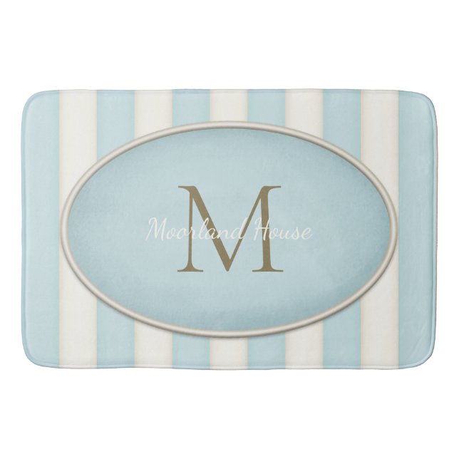 Pale Blue & Cream Stripes Bronze Monogram Bath Mat (Front)