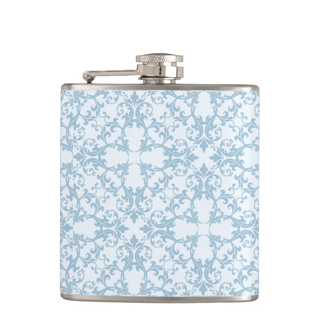 Pale Blue Damask Hip Flask (Front)