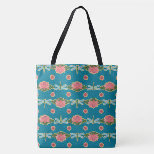 Pale Blue Dragonflies, Pink Water Lilies on Blue Tote Bag
