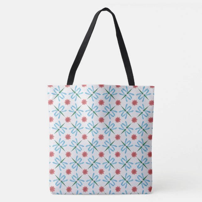 Pale Blue Dragonflies, Pink Water Lilies, on White Tote Bag (Front)