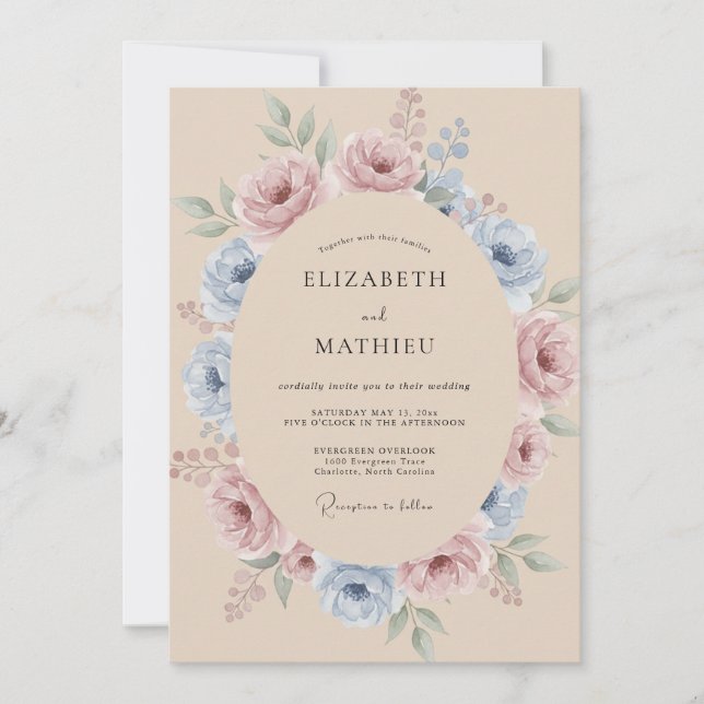 Pale Blue Dusty Rose Floral Wedding Invitation (Front)