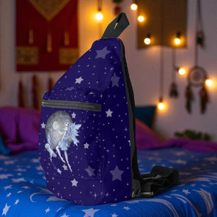 Pale Blue Fairy and Owl Starry Fantasy Art Sling Bag