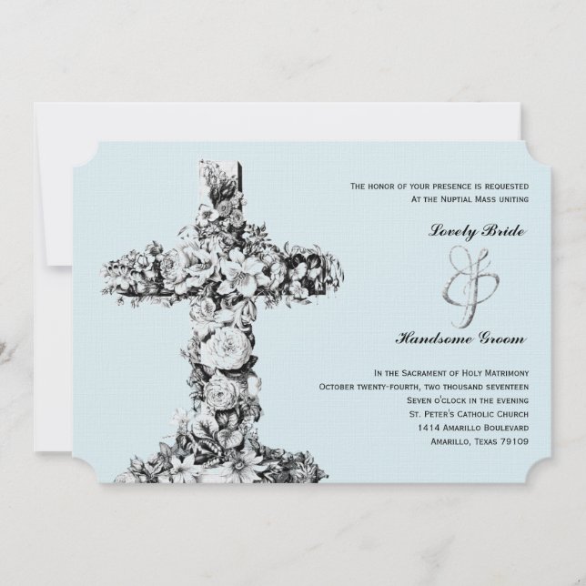 Pale Blue Floral Cross Catholic Wedding Invitation (Front)