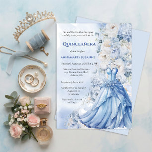 Pale Blue Floral Quinceañera Ball Gown I Invitation