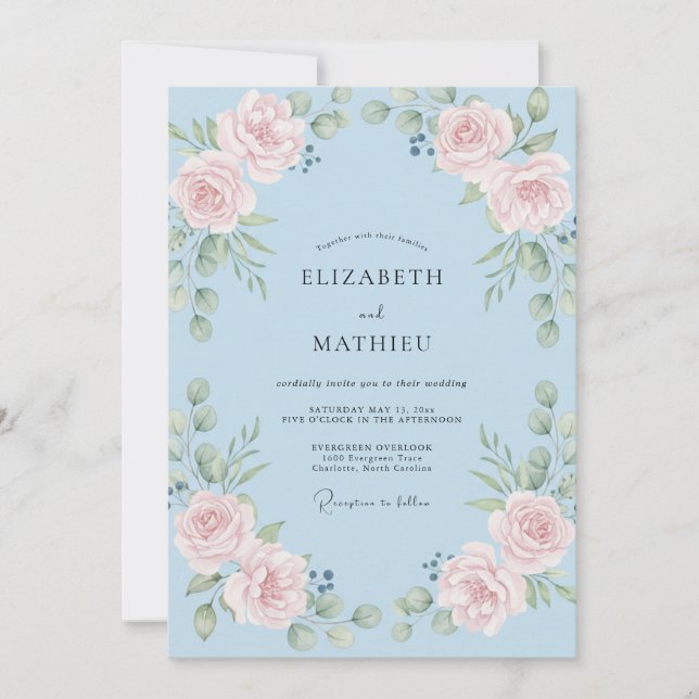 Pale Blue Floral Romance Wedding Invitation (Front)