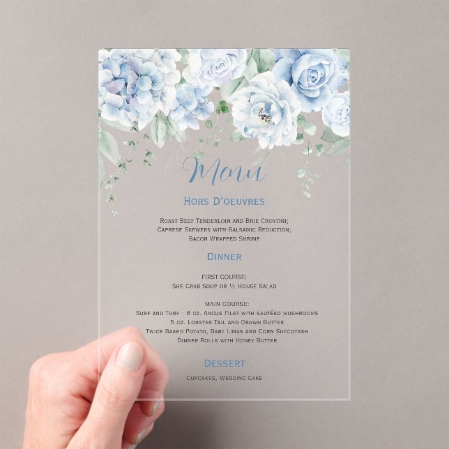 Pale Blue Floral Wedding Menu Acrylic Invitations (Insitu (Handheld))