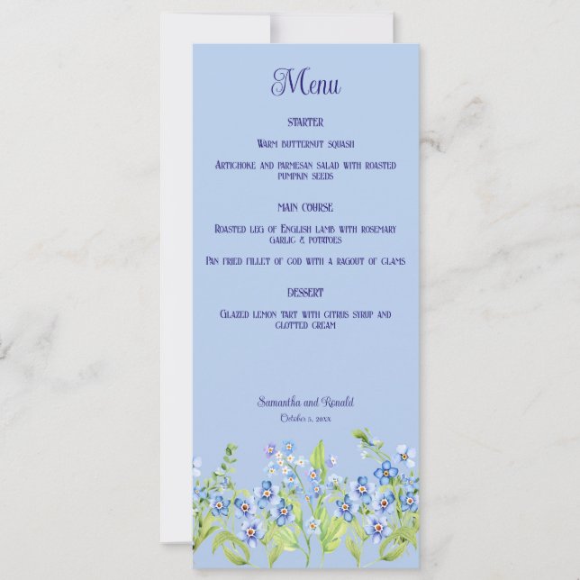 Pale Blue Forget Me Not Flowers Wedding Menu Card (Front)