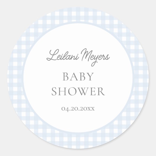 Pale Blue Gingham Classic Boys Baby Shower Classic Round Sticker (Front)