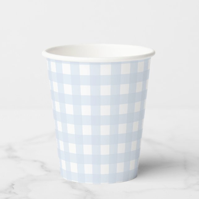 Pale Blue Gingham Classic Boys Baby Shower Paper Cups (Front)