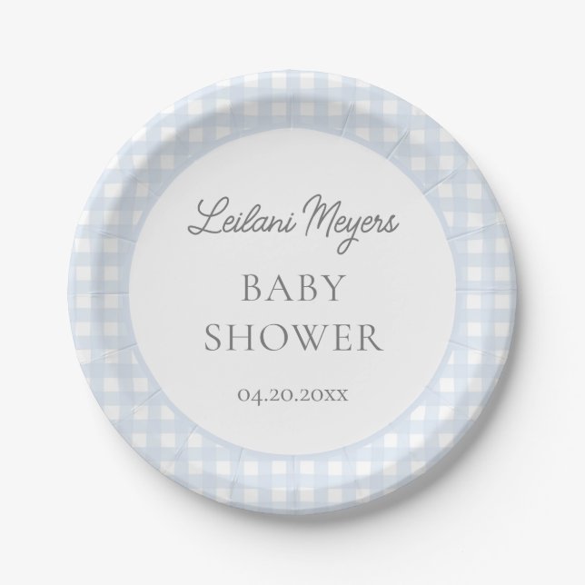 Pale Blue Gingham Classic Boys Baby Shower Paper Plate (Front)