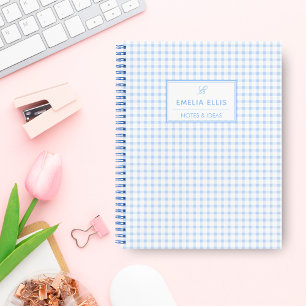 Pale Blue Gingham Grandmillennial  Monogram Name Notebook