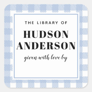 Pale Blue Gingham Plaid Baby Boy Book Plate Square Sticker