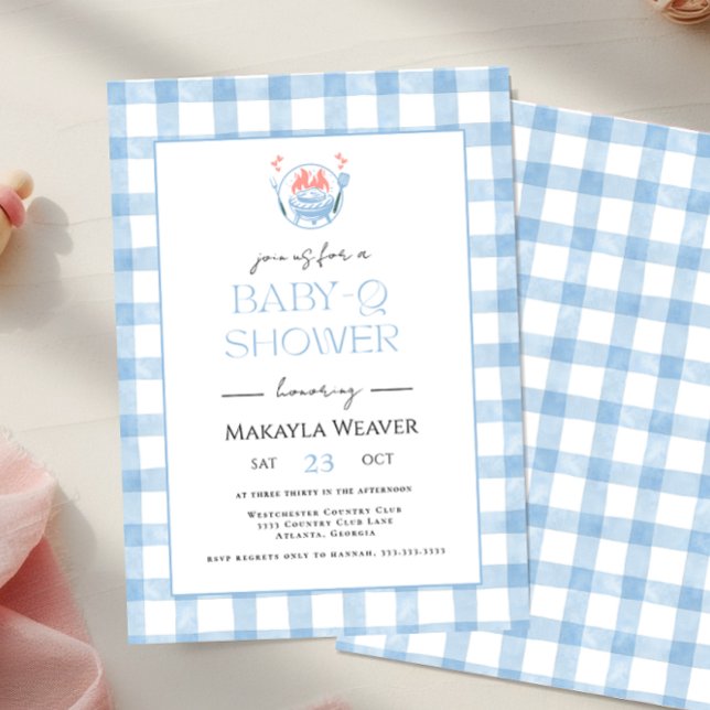 Pale Blue Gingham Plaid Baby Shower BBQ Invitation (Creator Uploaded)