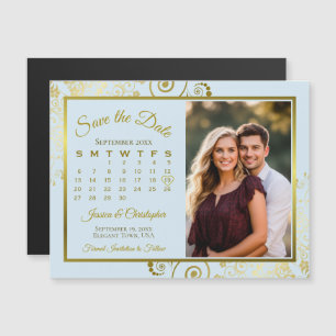 Pale Blue & Gold Calendar Photo Save Date Magnet