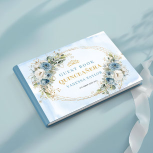 Pale Blue Gold Greenery Quinceañera Sign Book