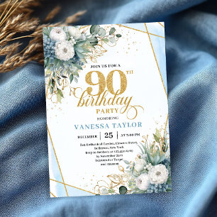 Pale blue gold leaves soft chic 90th birthday  invitation