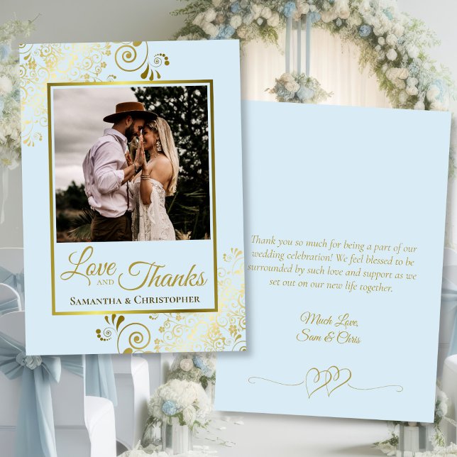 Pale Blue & Gold Love Thanks Photo & Note Wedding Thank You Card (Front/Back)