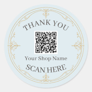Pale Blue Gold Small Business QR Code Thank You Classic Round Sticker