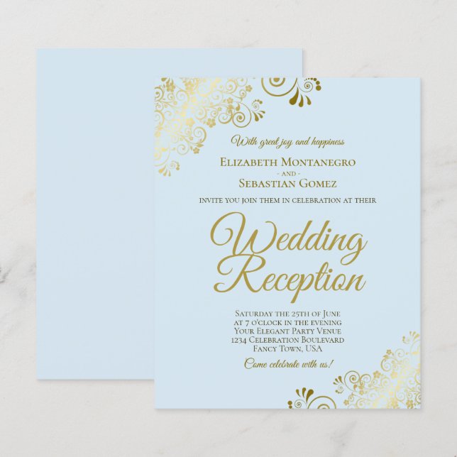 Pale Blue & Gold Wedding Reception BUDGET Invite (Front/Back)