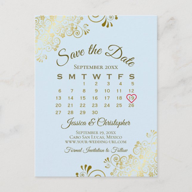 Pale Blue & Gold Wedding Save the Date Calendar Announcement Postcard (Front)