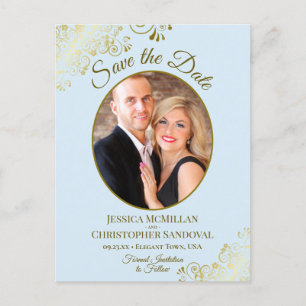 Pale Blue & Gold Wedding Save the Date Oval Photo Announcement Postcard