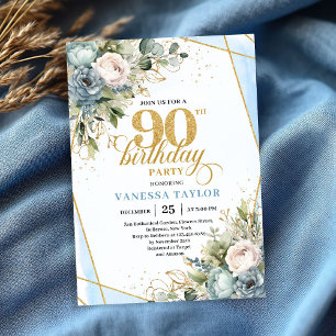 Pale blue gold wreath elegance 90th birthday  invitation