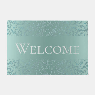 Pale Blue Green Music Notes Welcome Mat