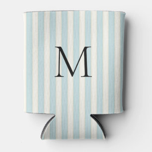 Pale Blue & Ivory Stripes Monogrammed Can Cooler