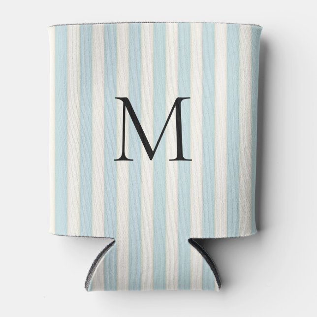 Pale Blue & Ivory Stripes Monogrammed Can Cooler (Front)