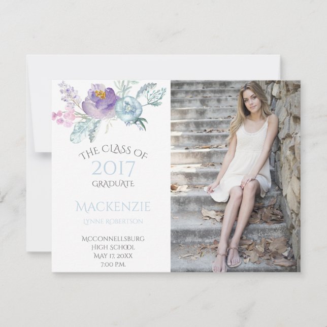 Pale Blue Lavender Floral Photo Graduation Announcement (Front)