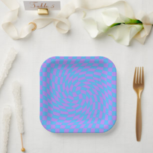 Pale Blue & Lavender Waved Chequered Pattern      Paper Plate