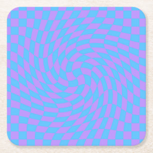 Pale Blue & Lavender Waved Chequered Pattern Square Paper Coaster