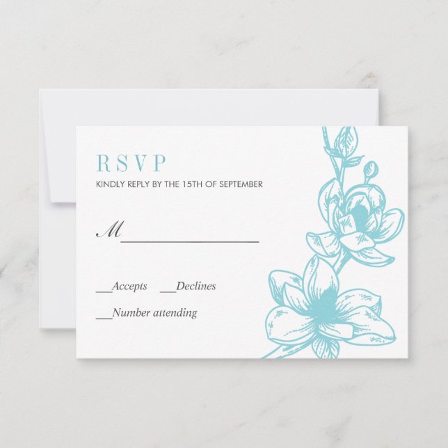 Pale Blue | Magnolia Flowers Bloom | Wedding RSVP (Front)