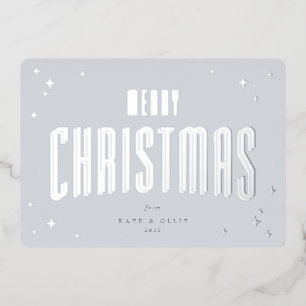 Pale Blue Merry Christmas Retro Stars Flat Foil Holiday Card