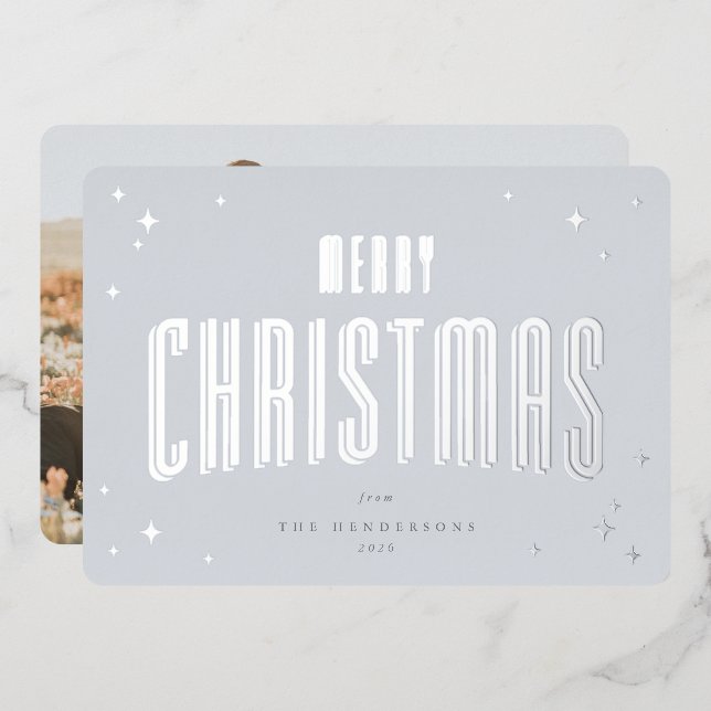 Pale Blue Merry Christmas Retro Stars Photo  Foil Holiday Card (Front/Back)