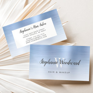 Pale Blue Ombre Brushed Metal Monogram Hair Salon Business Card