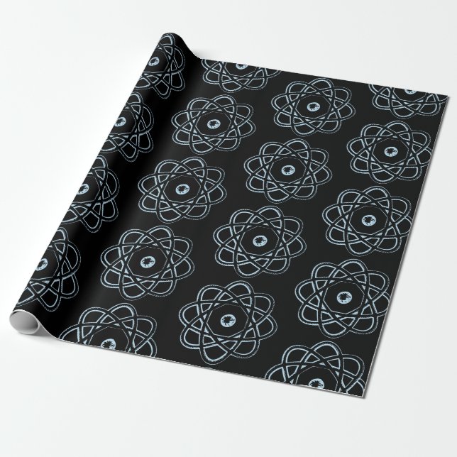 Pale Blue on Black Atom Symbols Wrapping Paper (Unrolled)