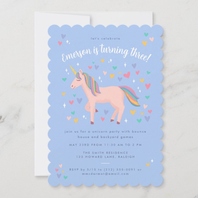 Pale Blue Pastel Rainbow Unicorn Birthday Party Invitation (Front)