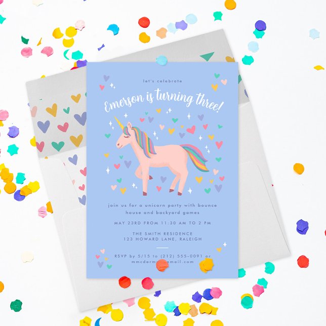 Pale Blue Pastel Rainbow Unicorn Birthday Party Invitation (blush pink unicorn with hearts and stars invites friends to a magical party on this soft blue invite)