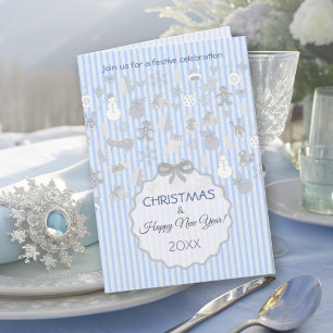 Pale Blue Pastel Stripe Whimsical Christmas Silver Invitation