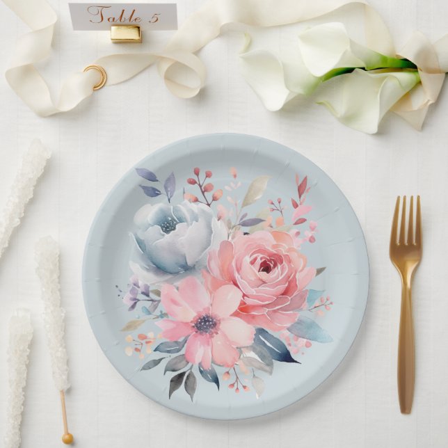 Pale Blue Pink Peonies Floral Bouquet Shower Paper Plate (Wedding)