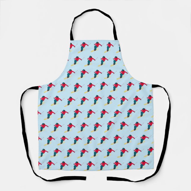 Pale Blue, Red and Green Downhill Skiing Pattern Apron (Front)