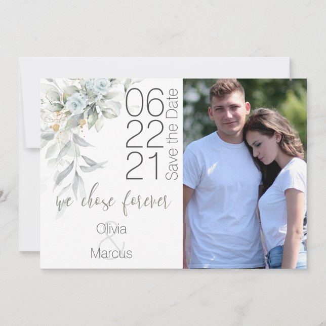Pale Blue Rose Watercolor Photo Save the Date (Front)