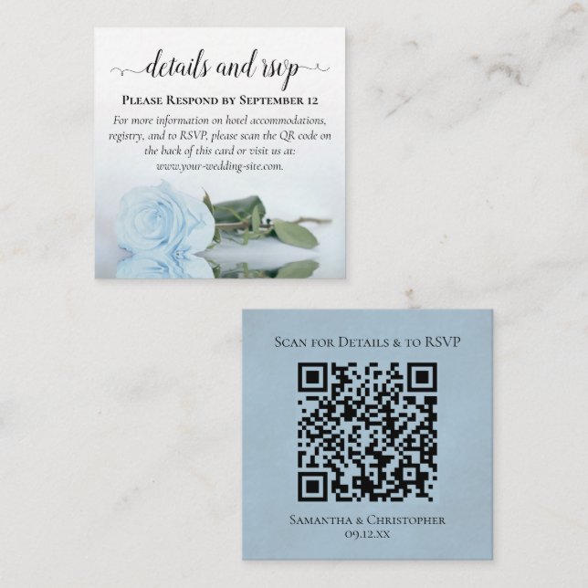 Pale Blue Rose Wedding Details & RSVP QR Code Enclosure Card (Front/Back)