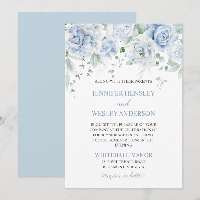 Pale Blue Roses Hydrangeas Wedding Invitation (Front/Back)