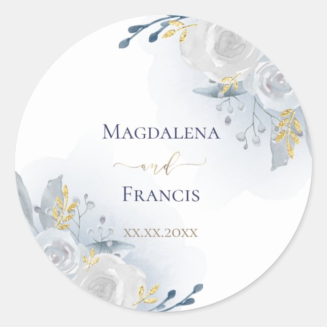 pale blue roses wedding classic round sticker (Front)