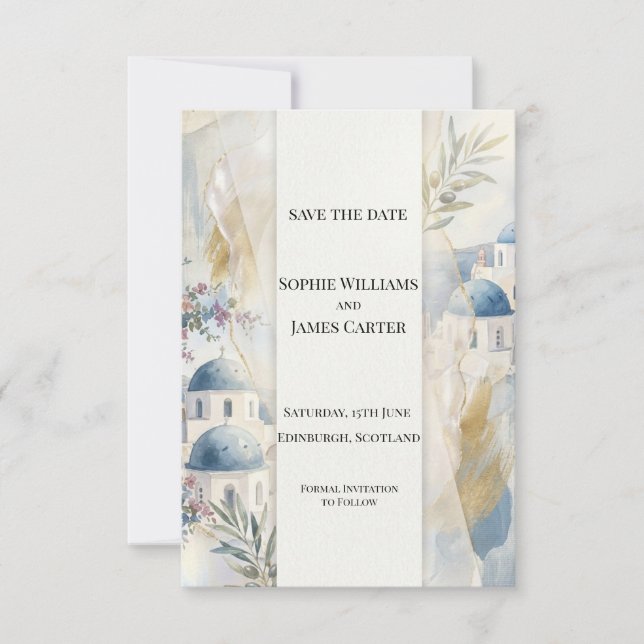 Pale Blue Santorini Save The Date Card (Front)