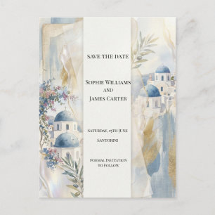 Pale Blue Santorini Save The Date Postcard